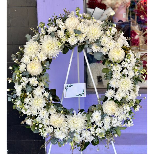 Mixed White Flowers Round Funeral Wreath
