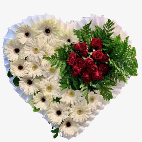 Red Roses and White Gerberas Heart Asian and Chinese funeral wreath