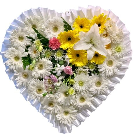 White and Yellow Gerbera Heart Asian and Chinese Funeral Wreath