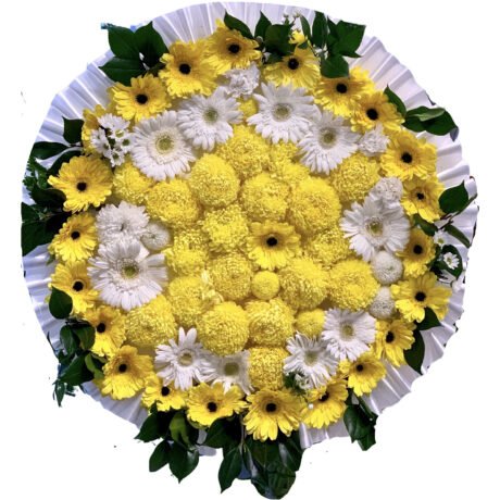 Yellow and White Gerberas and Yellow Chrysanthemums Round Asian and Chinese Funeral Wreath
