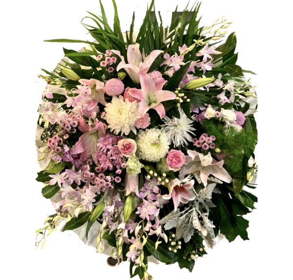 Lilies Chrysanthemums and Singapore Orchids Round Asian and Chinese Funeral Wreath