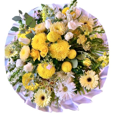 Yellow Chrysanthemums and Gerberas Round Asian and Chinese Funeral Wreath