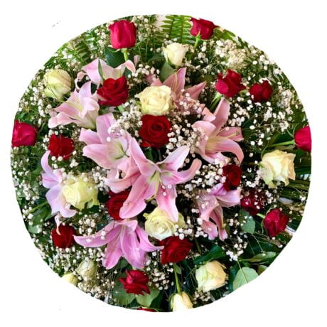 Pink Lilies and Red and White Roses Round Asian and Chinese Funeral Wreath