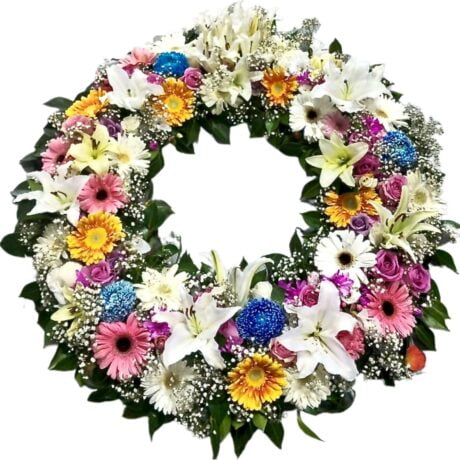 White Lilies and Mixed Colour Flowers Round Funeral Wreath