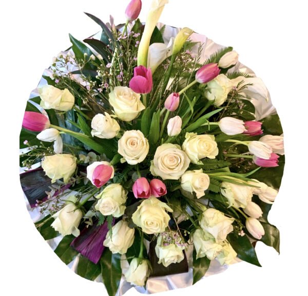 White Roses and Pink Tulips Round Asian and Chinese Funeral Wreath