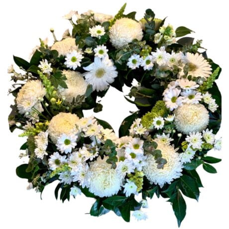 White Mixed Chrysanthemums Round Funeral Wreath