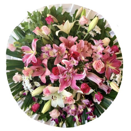 Pink Lilies and Roses Round Asian and Chinese Funeral Wreath