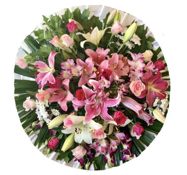 Pink Lilies and Roses Round Asian and Chinese Funeral Wreath