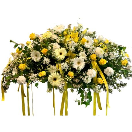 White Gerberas and Yellow Roses Funeral Casket Flowers
