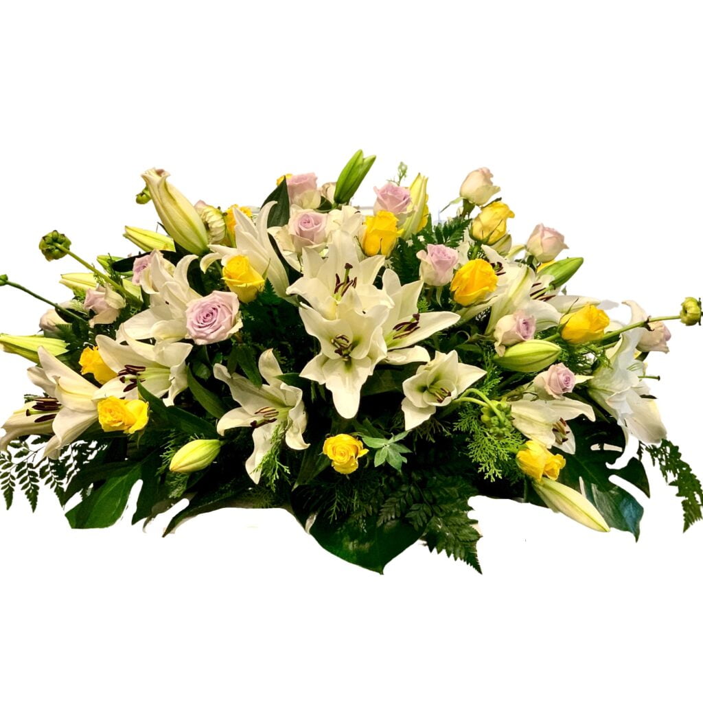White Lilies and Yellow Roses Funeral Casket Flowers Funeral Casket ...