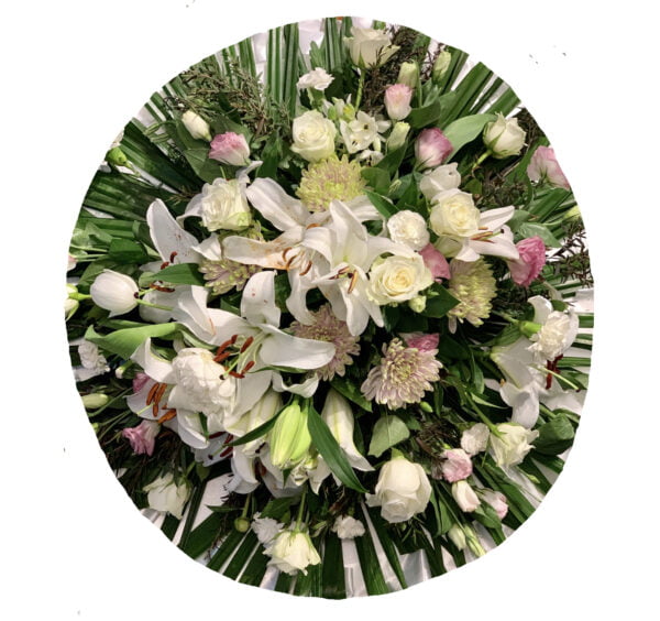 White Lilies and Roses Round Asian and Chinese Funeral Wreath