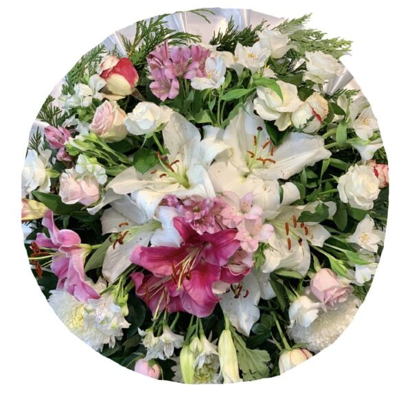 White and Pink Lilies and Roses Round Asian and Chinese Funeral Wreath