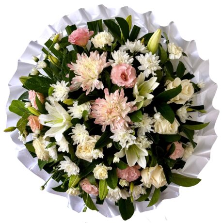 White Lilies and Roses Round Asian and Chinese Funeral Wreath