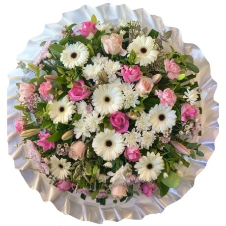 White Gerberas and Chrysanthemums and Pink Roses Round Asian and Chinese Funeral Wreath