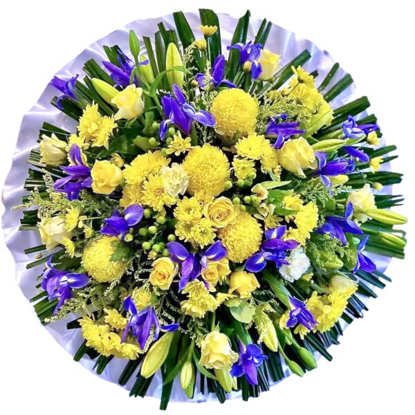Purple Iris and Yellow Chrysanthemums Round Asian and Chinese Funeral Wreath