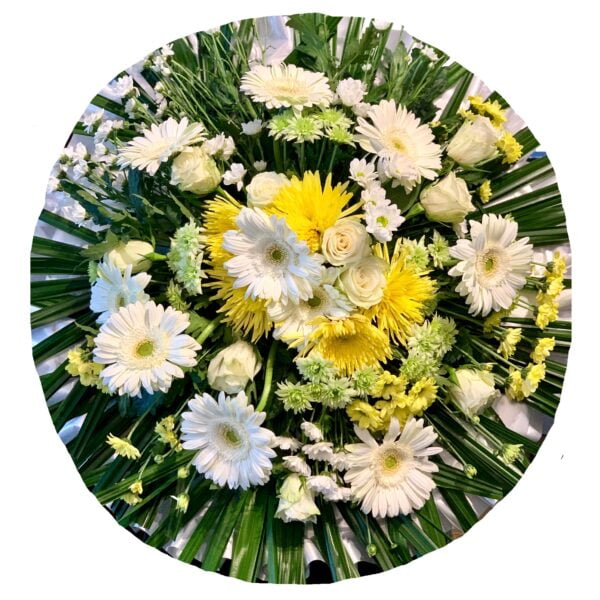 White Gerberas and Yellow Chrysanthemums Round Asian and Chinese Funeral Wreath