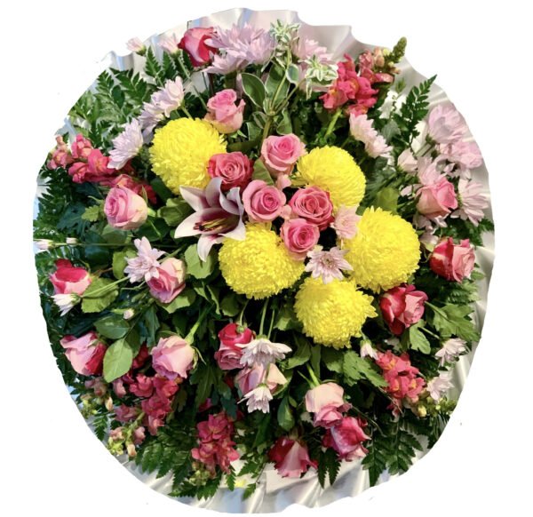 Pink Roses and Yellow Chrysanthemums Round Asian and Chinese Funeral Wreath