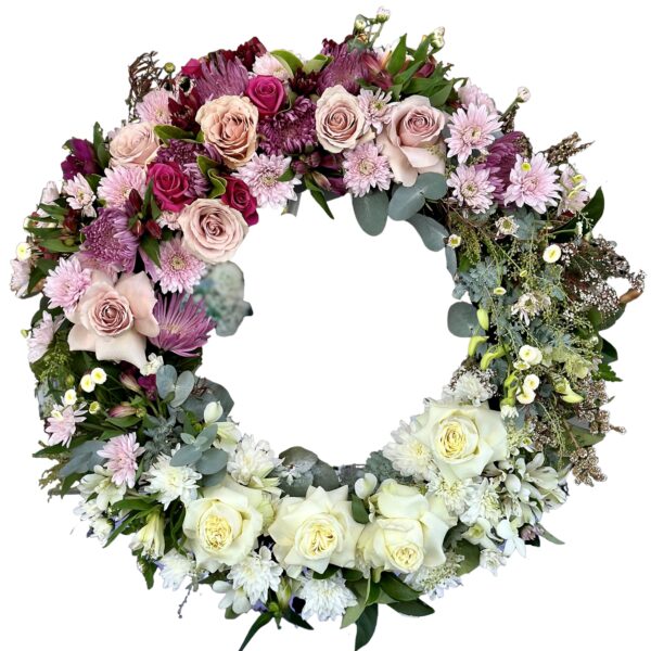 Pink and White Roses Round Funeral Wreath