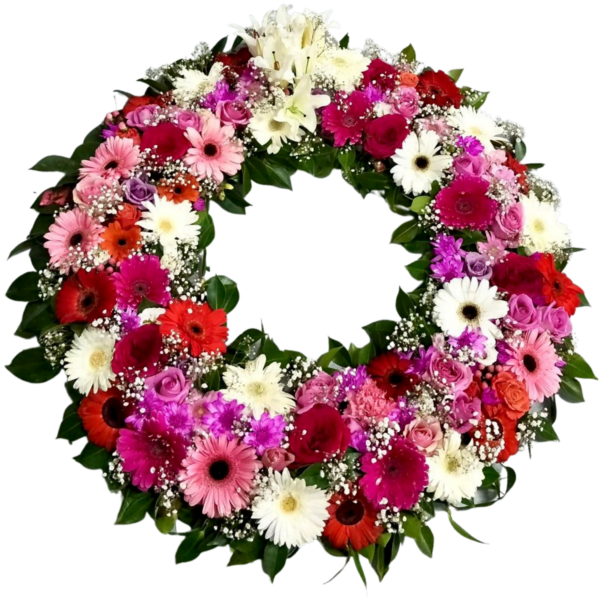 Mixed Colour Gerberas and Roses Round Funeral Wreath