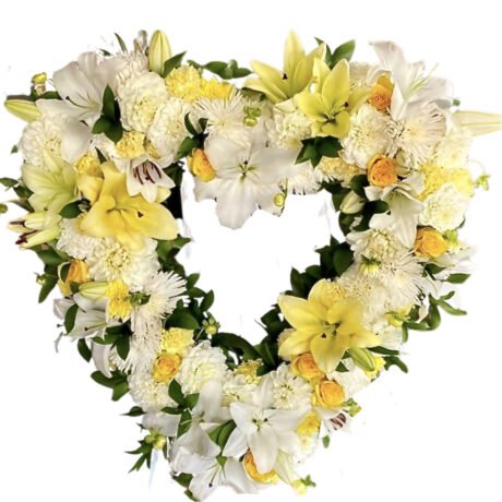 Yellow and White Heart Funeral Wreath