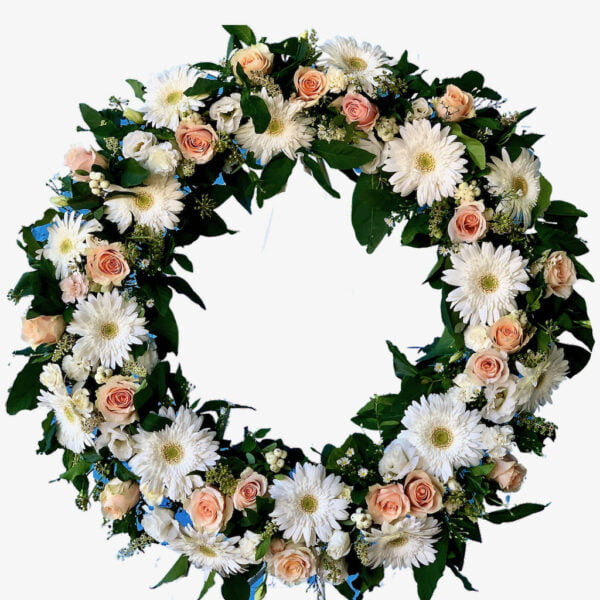 White Gerberas and Pink Roses Round Funeral Wreath
