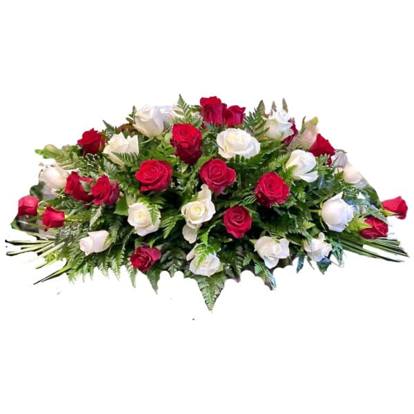 White and Red Roses Funeral Casket Flowers