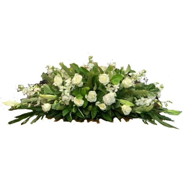 White Roses and Singapore Orchids Funeral Casket Flowers
