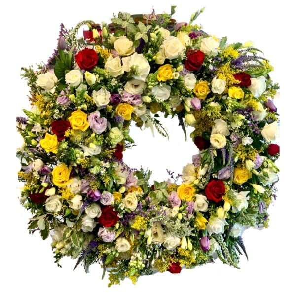 Mixed Colour Roses Round Funeral Wreath