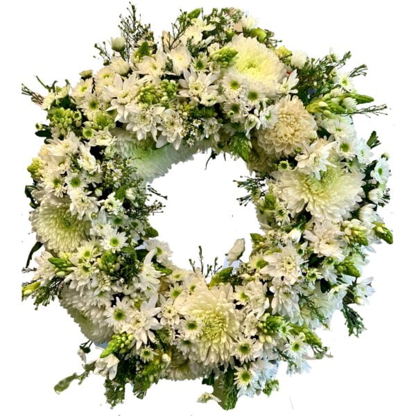 White Chrysanthemums Round Funeral Wreath