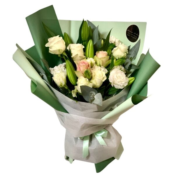 White and Pink Roses and White Lilies Sympathy Flowers Bouquet