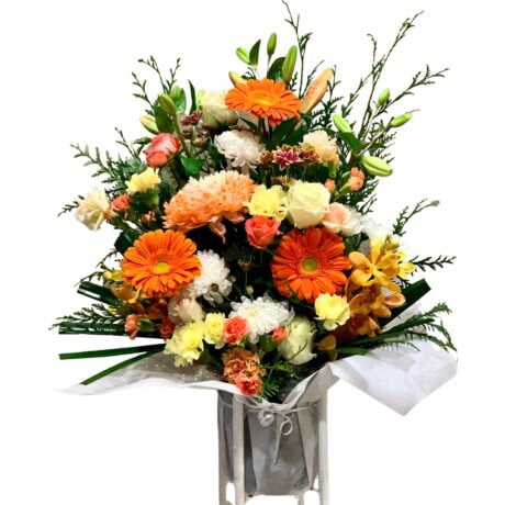 Orange Yellow and White Funeral Flowers Basket
