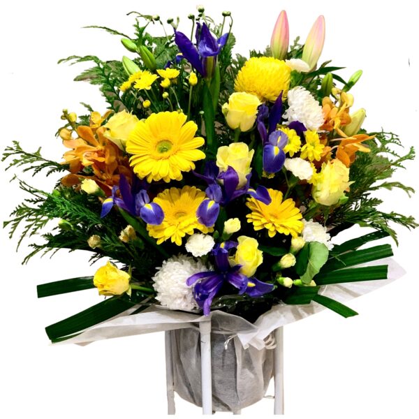 Yellow and Purple Funeral Flowers Basket