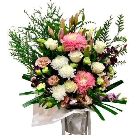 Pink and White Funeral Flowers Basket