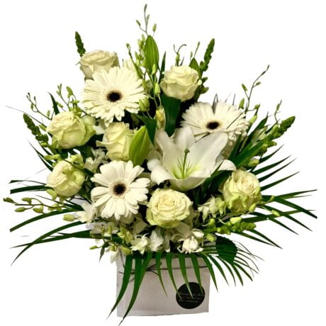 White Gerberas Roses and Lilies Sympathy Flowers Box