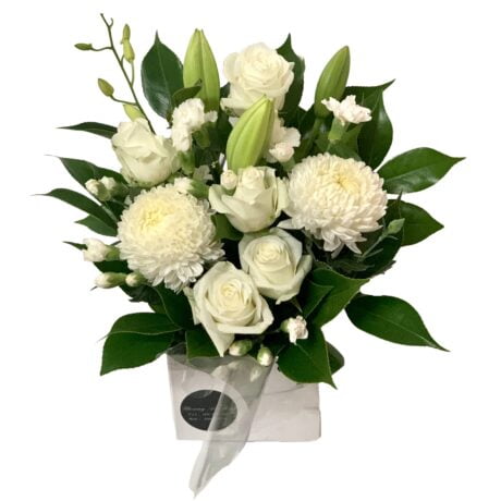 White Chrysanthemums Roses and Lilies Sympathy Flowers Box