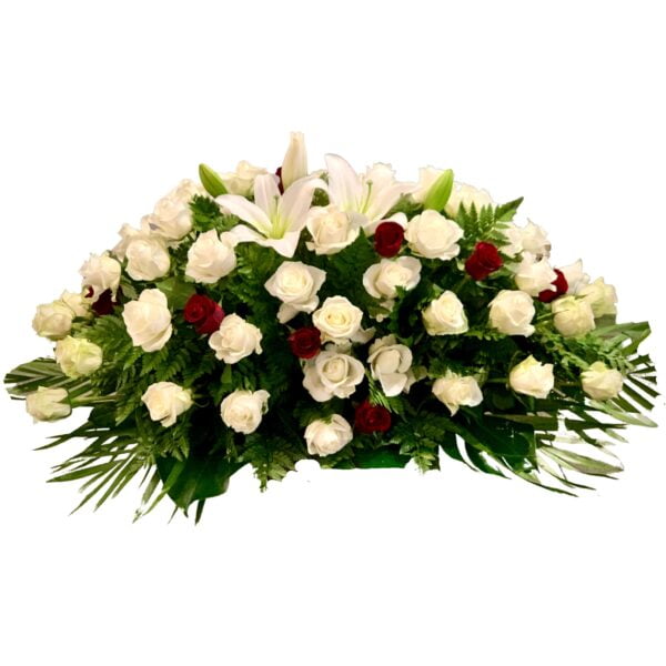 White and Red Roses and Lilies Funeral Casket Flowers