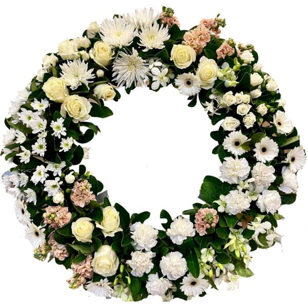 Cream Roses and White Chrysanthemums Round Funeral Wreath