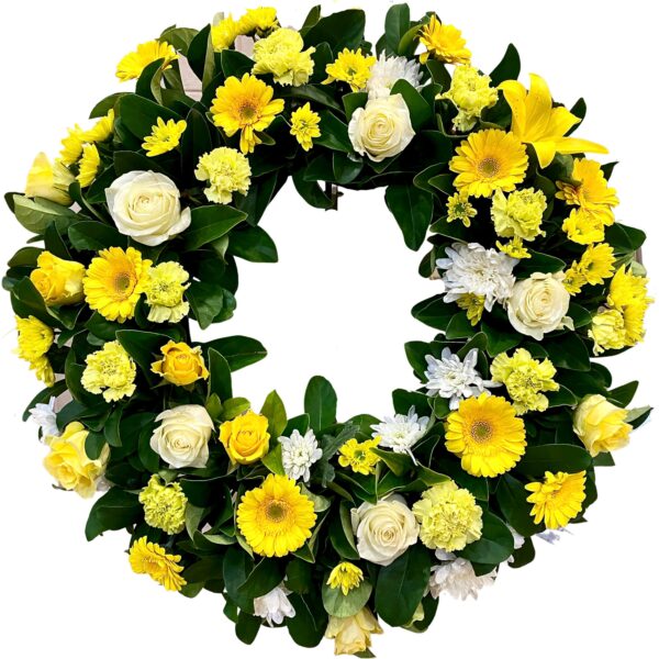 Yellow Roses and Gerberas Round Funeral Wreath