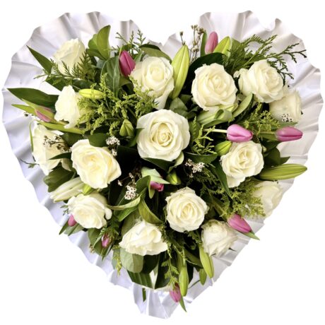 White Roses and Pink Tulips Heart Asian and Chinese Funeral Wreath