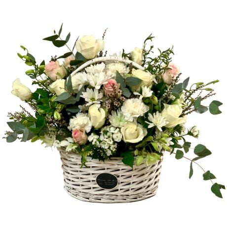 White and Pink Roses and Chrysanthemums Sympathy Flowers Basket