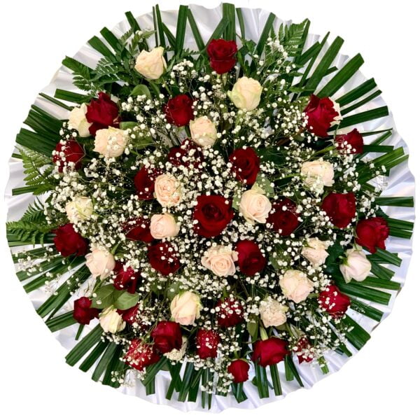 Red and White Roses Round Asian and Chinese Funeral Wreath