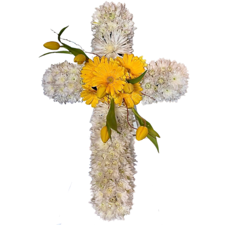 Yellow Gerberas on White Flowers Funeral Cross Wreath