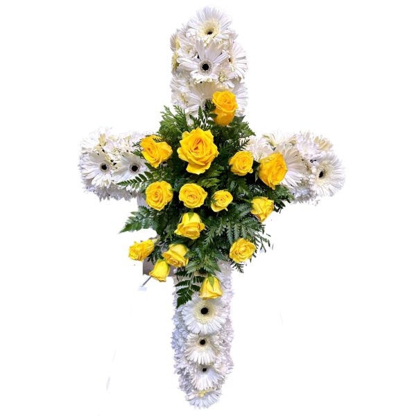 Yellow Roses on White Flowers Funeral Cross Wreath