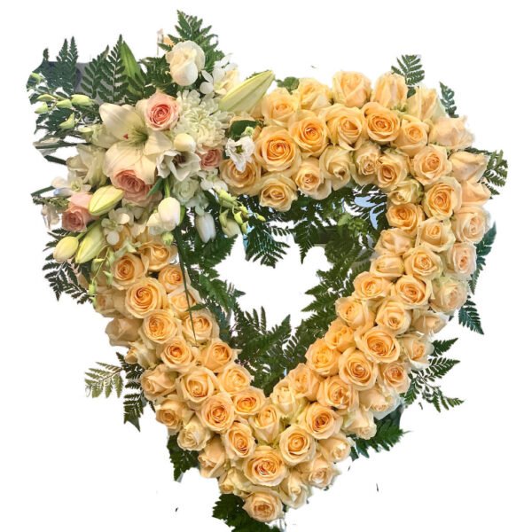 Roses with Lilies Highlight Heart Funeral Wreath