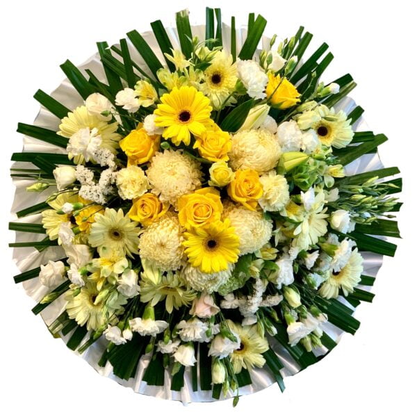 Yellow Roses and Gerberas Round Asian and Chinese Funeral Wreath