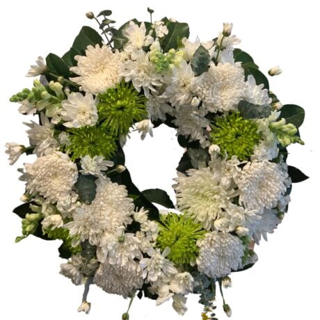 White and Green Chrysanthemums Round Funeral Wreath