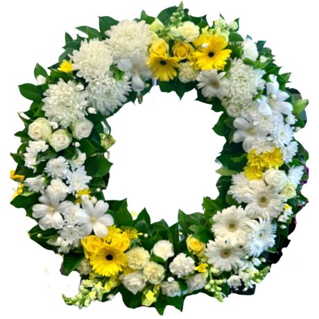 White and Yellow Round Funeral Wreath