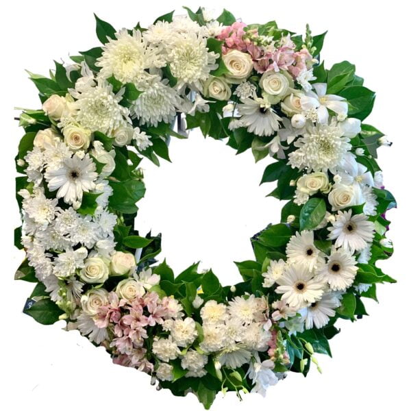 White and Pink Round Funeral Wreath
