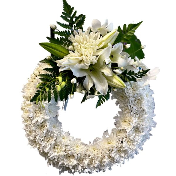 White Chrysanthemums and Lilies Round Funeral Wreath