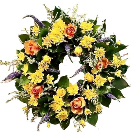 Orange Roses and Yellow Lilies and Chrysanthemums Round Funeral Wreath